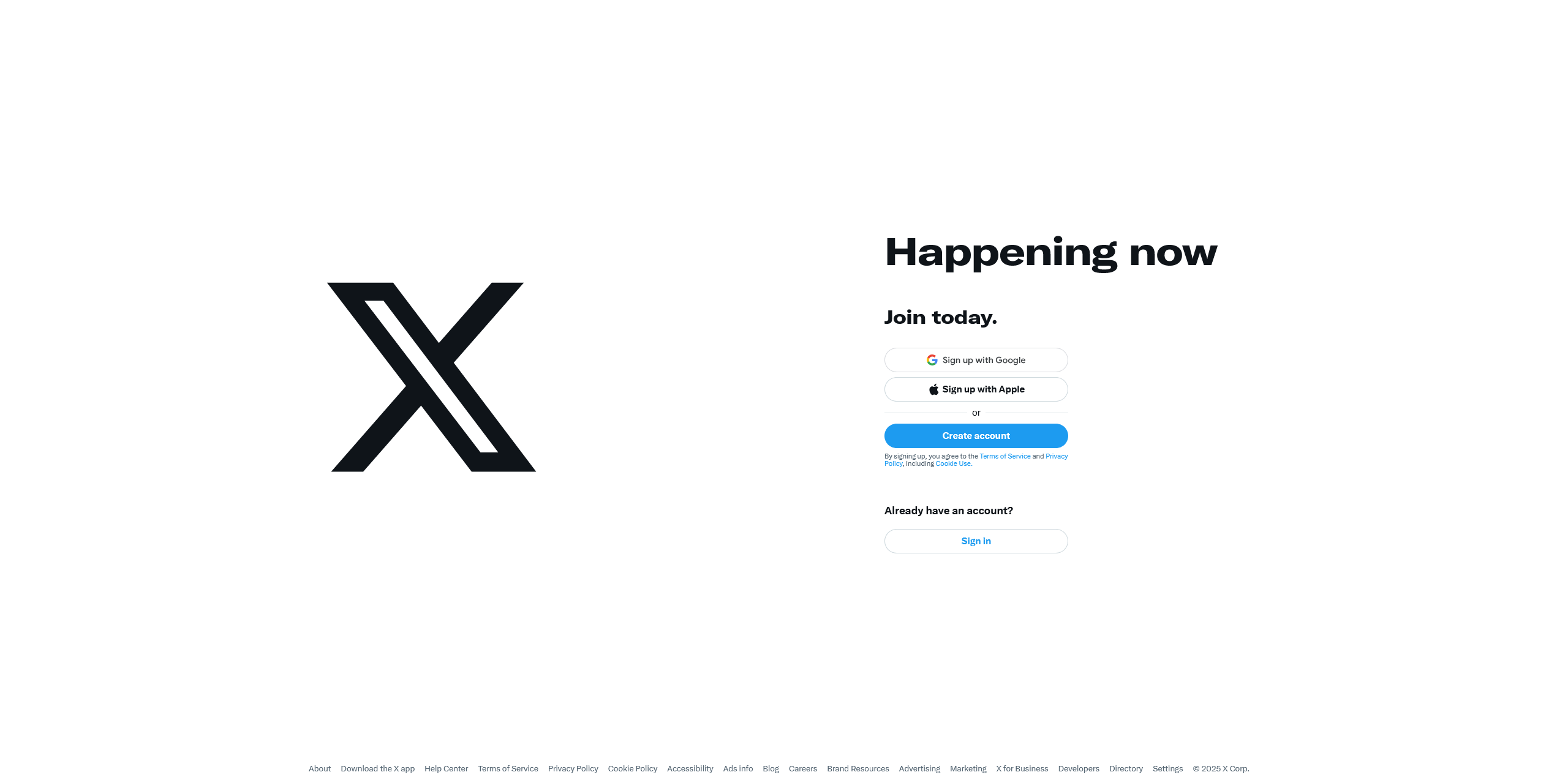 A screenshot of the X (formerly Twitter) login page, displaying the X logo on the left and sign-up options on the right, including Google and Apple sign-in. The page invites users to 'Join today' or sign in if they already have an account.